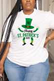 White Green Letter Shamrock Four Leaf Clover Print O Neck Short Sleeve Casual Oversize T-Shirts