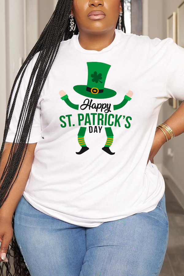 White Green Letter Shamrock Four Leaf Clover Print O Neck Short Sleeve Casual Oversize T-Shirts
