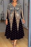Light Purple Graphics Print V Neck Long Sleeve Plus Size Casual Vacation Maxi Dresses