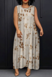 Army Green Casual Graphics Print Sleeveless O Neck Loose Vacation Maxi Tank Dresses