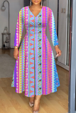 Light Purple Graphics Print V Neck Long Sleeve Plus Size Casual Vacation Maxi Dresses