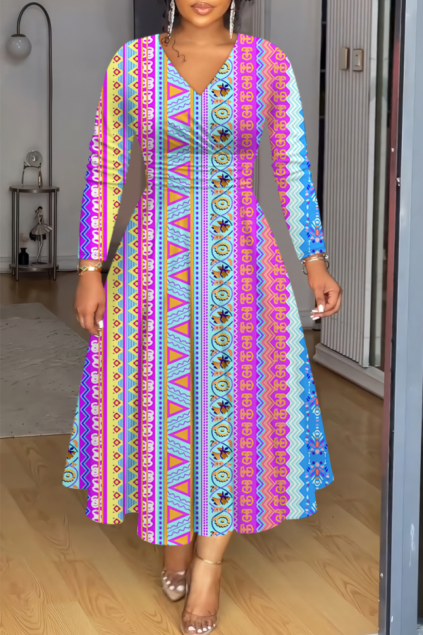 Light Purple Graphics Print V Neck Long Sleeve Plus Size Casual Vacation Maxi Dresses
