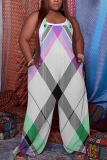Multicolor Plaid Print Backless Sleeveless Spaghetti Strap Buttons Casual Cami Wide Leg Jumpsuits