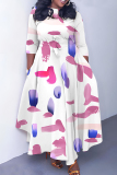 Multicolor Graphics Print O Neck 3/4 Sleeve Belted Pockets Long Vacation Casual Pleated A Line Maxi Dresses