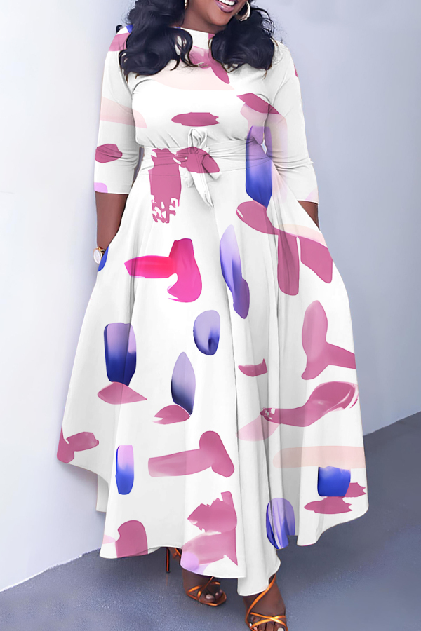 Multicolor Graphics Print O Neck 3/4 Sleeve Belted Pockets Long Vacation Casual Pleated A Line Maxi Dresses