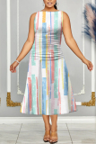 Multicolor Graphics Print Sleeveless O Neck Casual Vacation Pleated Midi Tank Dresses