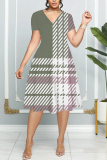 Green Graphics Print Patchwork V Neck Short Sleeve Vacation Casual Pleated Midi Flowy Dresses