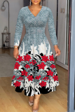 Light Purple Graphics Print V Neck Long Sleeve Plus Size Casual Vacation Maxi Dresses