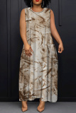 Army Green Casual Graphics Print Sleeveless O Neck Loose Vacation Maxi Tank Dresses