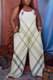 Multicolor Plaid Print Backless Sleeveless Spaghetti Strap Buttons Casual Cami Wide Leg Jumpsuits