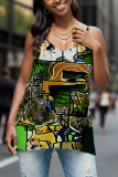 Purple Graphics Print Sleeveless Backless V Neck Casual Cami Tops