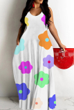 Dark Blue Graffiti Print Sleeveless O Neck Casual Vacation Baggy Sundress Maxi Slip Dresses