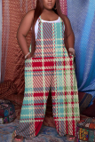Multicolor Plaid Print Backless Sleeveless Spaghetti Strap Buttons Casual Cami Wide Leg Jumpsuits