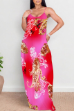 Rose Red Floral Print Sleeveless O Neck Casual Vacation Baggy Sundress Maxi Slip Dresses
