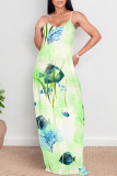 Rose Red Floral Print Sleeveless O Neck Casual Vacation Baggy Sundress Maxi Slip Dresses
