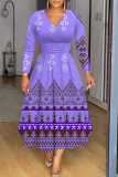 Light Purple Graphics Print V Neck Long Sleeve Plus Size Casual Vacation Maxi Dresses