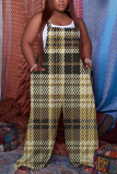 Multicolor Plaid Print Backless Sleeveless Spaghetti Strap Buttons Casual Cami Wide Leg Jumpsuits
