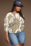 Brown Casual Graphics Print O Neck Long Sleeve Fall Winter Sweatshirt Tops