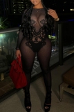 Black O Neck Long Sleeve See-Through Mesh Skinny Jumpsuits