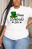 White Green Letter Shamrock Four Leaf Clover Print O Neck Short Sleeve Casual Oversize T-Shirts