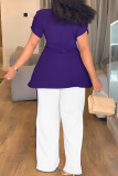 Dark Purple V Neck Short Sleeve Slit Tops And Wide Leg Pants Formal Office Lady Casual Two Pieces Trouser Sets