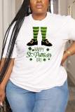 White Green Letter Shamrock Four Leaf Clover Print O Neck Short Sleeve Casual Oversize T-Shirts