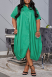 Black Casual Turndown Collar Short Sleeve Shirt Irregular Bubble Hem Buttons Loose Vacation Maxi Shirt Dresses