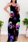 Striped Skull Head Print Sleeveless O Neck Casual Vacation Baggy Sundress Maxi Slip Dresses