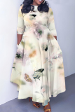 Multicolor Graphics Print O Neck 3/4 Sleeve Belted Pockets Long Vacation Casual Pleated A Line Maxi Dresses
