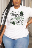 White Green Letter Shamrock Four Leaf Clover Print O Neck Short Sleeve Casual Oversize T-Shirts