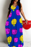Dark Blue Graffiti Print Sleeveless O Neck Casual Vacation Baggy Sundress Maxi Slip Dresses