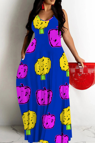 Dark Blue Graffiti Print Sleeveless O Neck Casual Vacation Baggy Sundress Maxi Slip Dresses