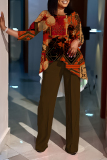 Khaki Graphics Print O Neck Long Sleeve Irregular Hem Tops And Pants Casual Formal Office Lady Two Pieces Trouser Sets