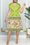 Green Graphics Print Patchwork V Neck Short Sleeve Vacation Casual Pleated Midi Flowy Dresses