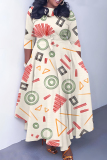 Multicolor Graphics Print O Neck 3/4 Sleeve Belted Pockets Long Vacation Casual Pleated A Line Maxi Dresses