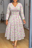 Light Purple Graphics Print V Neck Long Sleeve Plus Size Casual Vacation Maxi Dresses