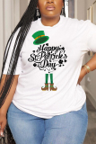White Green Letter Shamrock Four Leaf Clover Print O Neck Short Sleeve Casual Oversize T-Shirts