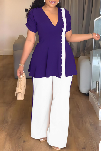 Dark Purple V Neck Short Sleeve Slit Tops And Wide Leg Pants Formal Office Lady Casual Two Pieces Trouser Sets