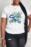 White Blue Casual Graphics Print O Neck Short Sleeve Oversize Graphics T-Shirts