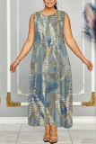 Lake Blue Casual Graphics Print Sleeveless O Neck Loose Vacation Maxi Tank Dresses