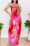 Rose Red Floral Print Sleeveless O Neck Casual Vacation Baggy Sundress Maxi Slip Dresses