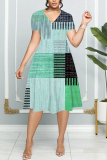 Green Graphics Print Patchwork V Neck Short Sleeve Vacation Casual Pleated Midi Flowy Dresses