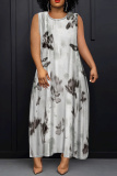 Army Green Casual Graphics Print Sleeveless O Neck Loose Vacation Maxi Tank Dresses