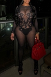 Black O Neck Long Sleeve See-Through Mesh Skinny Jumpsuits