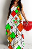 Rose Red Floral Print Sleeveless O Neck Casual Vacation Baggy Sundress Maxi Slip Dresses