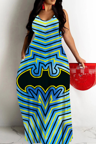 Striped Skull Head Print Sleeveless O Neck Casual Vacation Baggy Sundress Maxi Slip Dresses