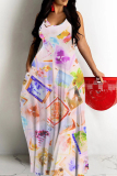 Rose Red Floral Print Sleeveless O Neck Casual Vacation Baggy Sundress Maxi Slip Dresses