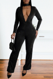 Black Hot Drill V Neck Long Sleeve Formal Evening Party Prom Bodycon Jumpsuits