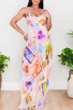 Rose Red Floral Print Sleeveless O Neck Casual Vacation Baggy Sundress Maxi Slip Dresses