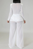 White V Neck Long Sleeve See-Through Belted Tops And Slit Mesh Pants Formal Evening Party Prom Two Pieces Trouser Sets